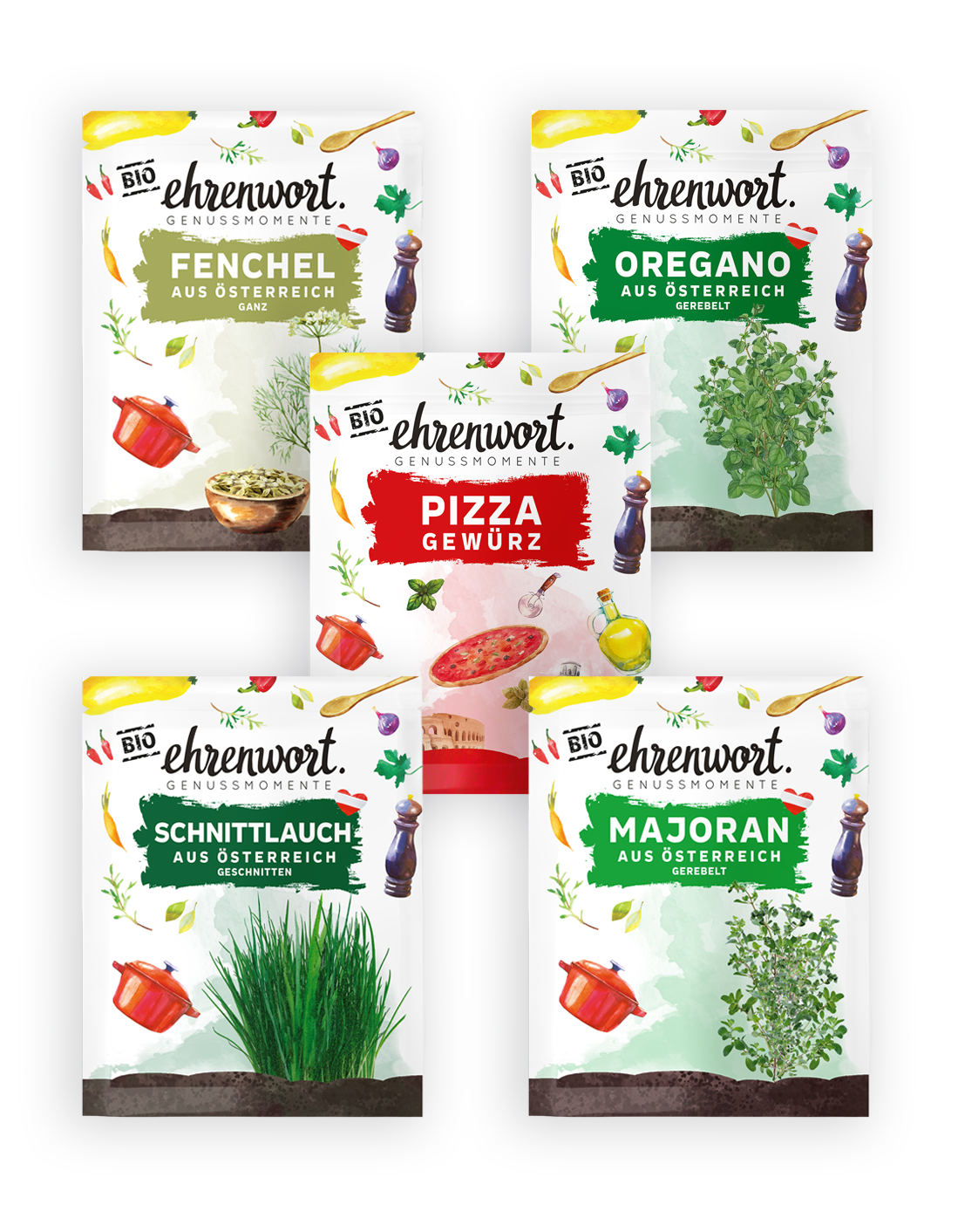 ehrenwort Briefchen 10er Set Produktabbildung Fenchel, Oregano, Pizza Gewürz, Schnittlauch, Majoran
